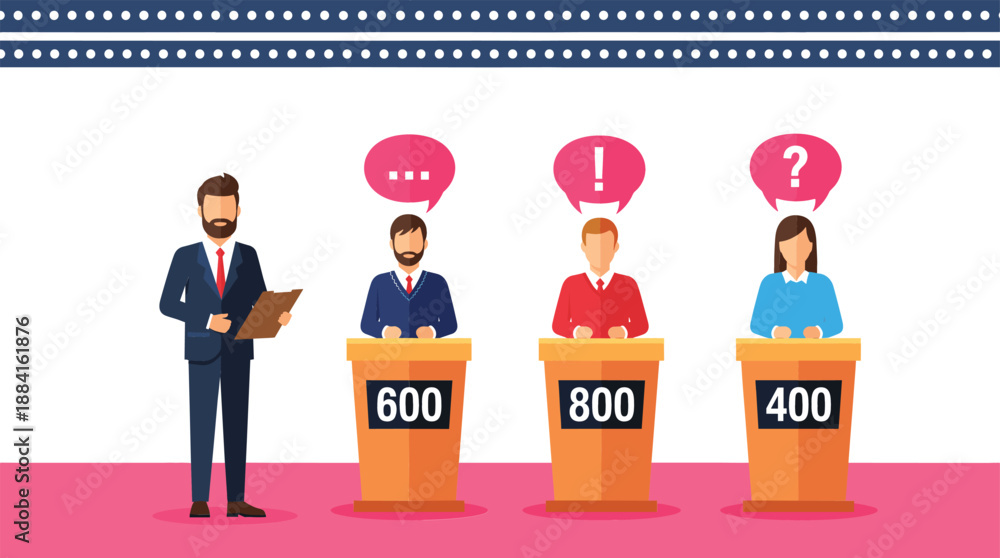 Αυτοκόλλητο Television quiz show game competition with contestants standing at podiums answering questions for points with a host moderator presenting the challenge