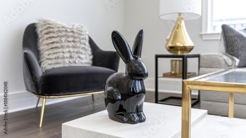 Glossy black ceramic rabbit statue on a white coffee table in a modern living room with gray furniture and gold accents. Concept Glossy black ceramic rabbit statue, White coffee table © Anastasiia