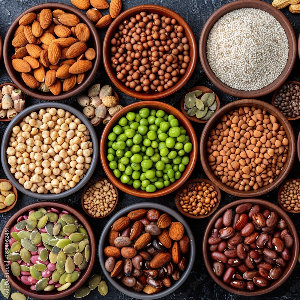 Fototapeta premium Assorted Nuts and Seeds in Bowls on Dark Background