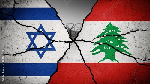 Cracked flags of israel and lebanon