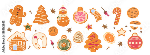 Set of cartoon gingerbread Christmas cookies. Gingerbread man, tree, snowman, star, ginger house, pine, orange and ball with fondant icing and chocolate chip cookie. Sweet vector holiday hand drawn il