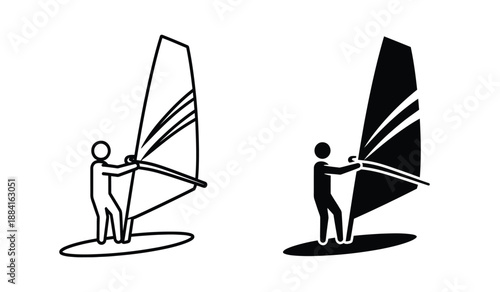 Black and white line art of two windsurfers in different poses with sails