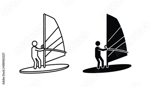 Black and white windsurfer icons with sailboard and sail