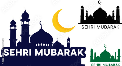 Silhouette graphics featuring mosques crescent moon and sehri mubarak text perfect for commemorating the pre-dawn meal during ramadan fasting periods