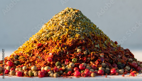 A vibrant pile of colorful spices and herbs on a white surface