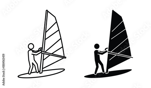 Black and white stick figures windsurfing with sailboards