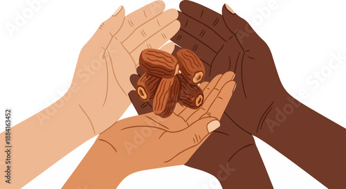 Diverse hands gently cupping and offering several sweet, wrinkled, brown dates symbolizing unity charity and shared nourishment during religious observances
