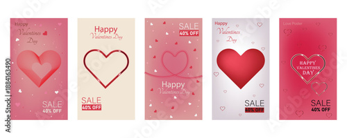 Print Valentine’s Day sale poster banner collection featuring red and pink heart illustrations, elegant typography, and a 40% discount offer