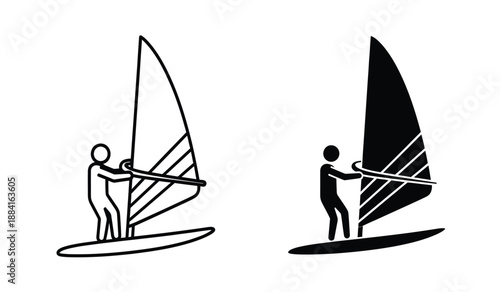 Black and white windsurfing icons with stick figures on surfboards