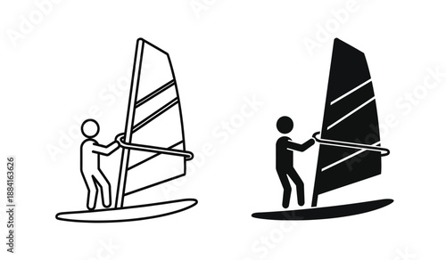 Black and white windsurfer illustrations with sailboards and sails