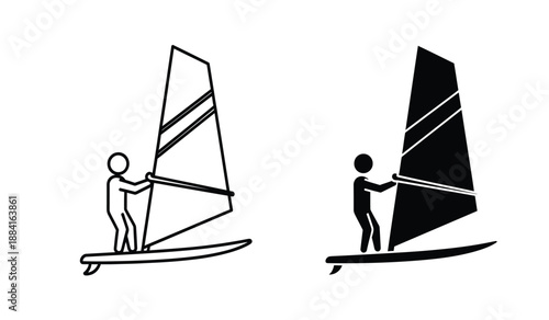 Black and white illustration of two windsurfers with different colored sails on a board