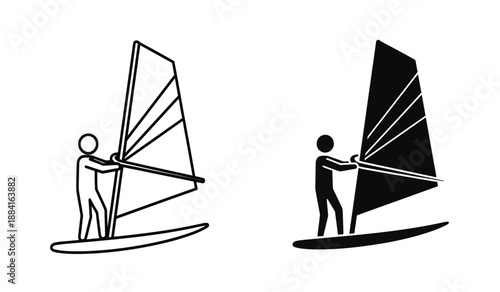 Black and white windsurfer illustrations with sailboards and sails