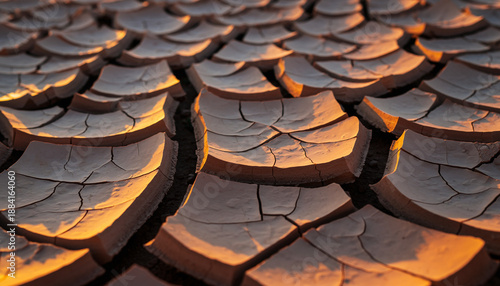 A parched and cracked earth landscape at sunset with vibrant orange hues