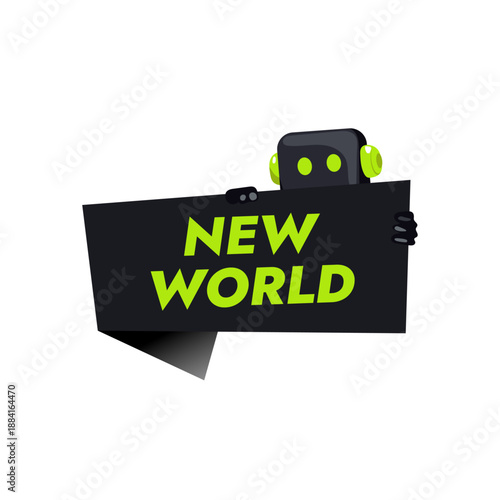 Bright light green text on a black banner with a robot on the theme of AI design without background