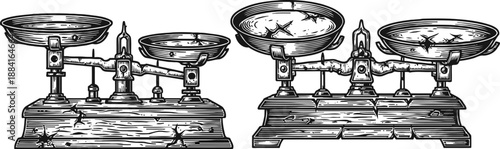 Antique balance scales vintage weighing device with two round pans on solid base