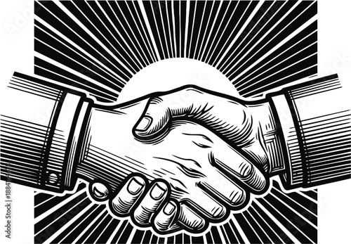 Handshake illustration with sunburst background, business agreement concept, vintage engraving