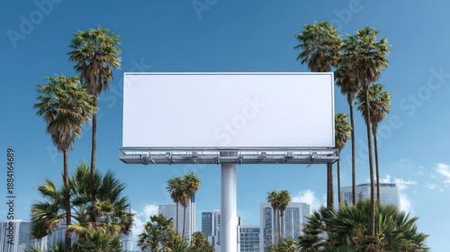 A blank billboard, perfectly positioned amidst swaying palm trees against the backdrop of a bright sky and city skyline. A great choice for your advertisement