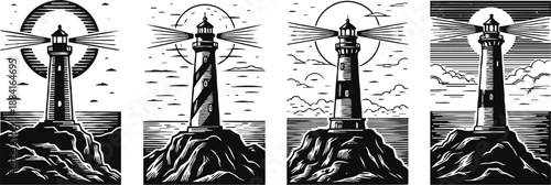 black and white vintage lighthouse illustrations set with rocky cliffs and ocean waves