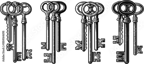 Vintage metal keys set in black and white old fashioned antique lock keys collection classic door keys illustration