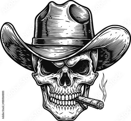 Skull wearing cowboy hat with smoking cigar, vintage western outlaw illustration