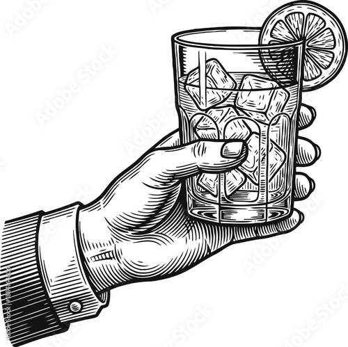 Hand holding a glass with ice cubes and a lemon slice, vintage engraving illustration