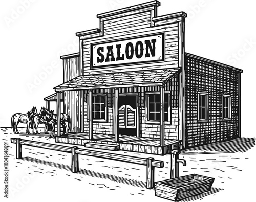Old western saloon building with horses outside and wooden fence, vintage cowboy bar illustration