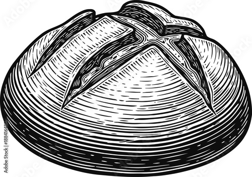 Round artisan bread loaf with crusty top and deep cut made for baking freshness and rustic