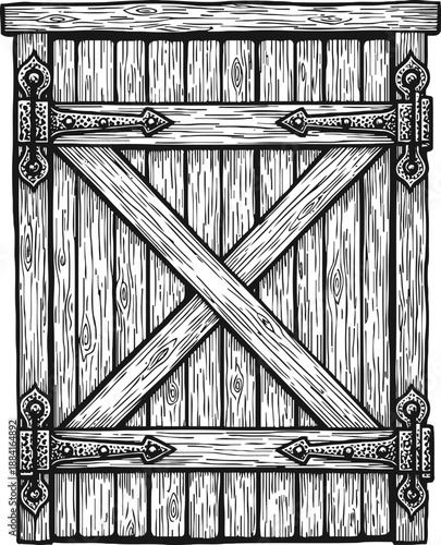 Rustic wooden barn door with metal hinges and diagonal crossbeam in vintage engraving