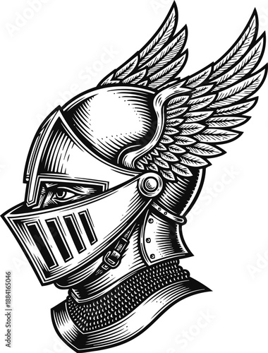 Winged medieval knight helmet with detailed engraving and chainmail collar in vintage