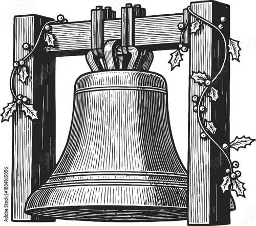 Vintage bell hanging on wooden frame decorated with holly leaves and berries engraving