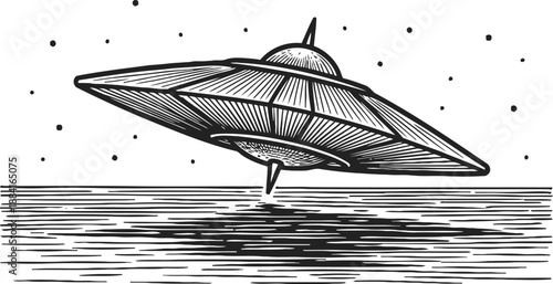 Vintage ufo flying saucer hovering over water with starry night sky, retro sci fi alien spaceship illustration