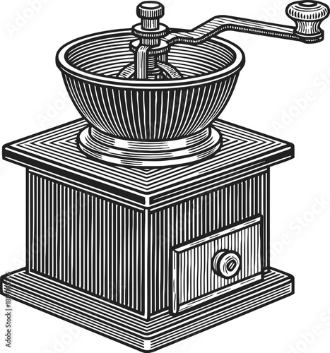 Vintage manual coffee grinder with hand crank and wooden base, classic kitchen appliance illustration