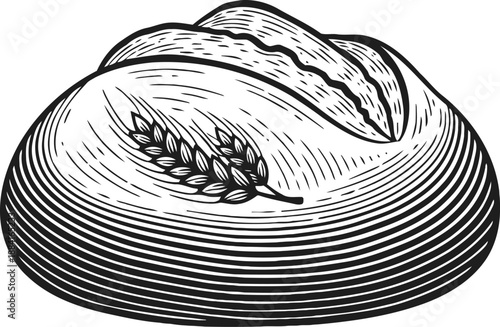 Rustic round bread loaf with wheat emblem, detailed black and white vintage engraving