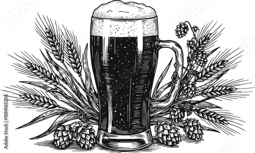 Dark beer mug with foam surrounded by barley and hop cones vintage illustration of beer ingredients and craft brewing