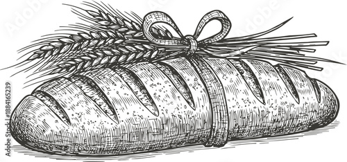 Rustic loaf of bread tied with wheat stalks, vintage hand drawn bakery illustration