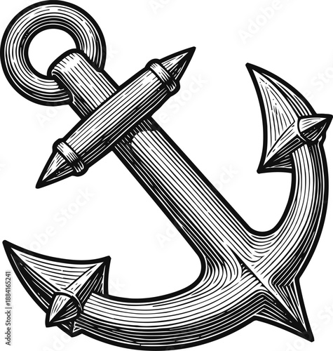 Classic vintage ship anchor with crossbar, maritime nautical symbol in black and white engraving