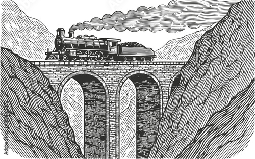Vintage steam locomotive crossing stone arch bridge over deep canyon with mountainous landscape