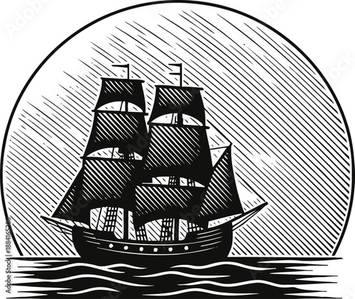Classic sailing ship with full sails on the ocean with large sun in background