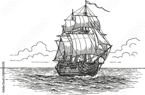 Vintage sailing ship on the sea with full sails old wooden tall mast vessel in ocean waves