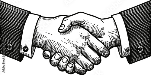 Vintage engraved illustration of two business people shaking hands, agreement and partnership concept