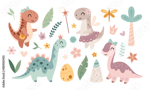 Cute dinosaurs clipart set, isolated girly elements in cartoon style. Dino girl character. Vector illustration