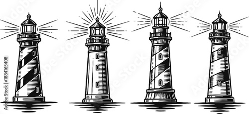 Vintage lighthouse illustrations set four detailed black and white lighthouse designs with beams of light