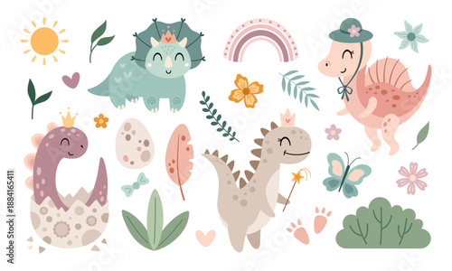 Cute dinosaurs clipart set, jungle plants, flowers. Cartoon dino girl character. Vector illustration