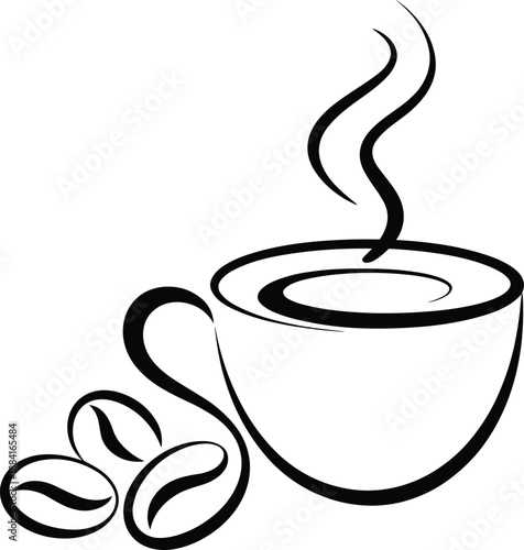 Black and white cup with steam and coffee beans