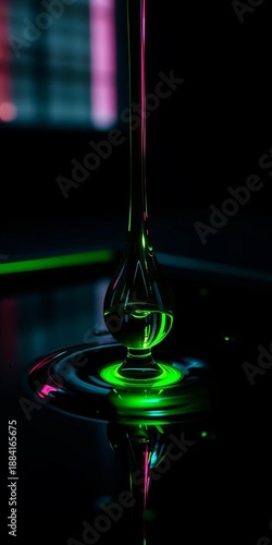 Cybernetic olive oil drop bleeds neon green on stark black Dutch angle reveals synthetic aroma ,  neon,  essence