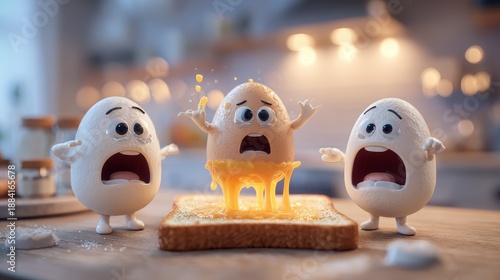 An egg character on toast and two friend, with a shocked expression in kitchen 