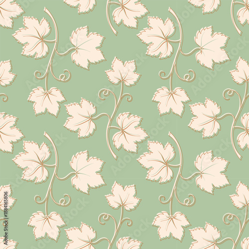 Grapevine pattern, creme vine silhouette and gold contour on green pastel background. Textile background