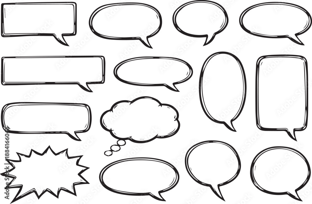 Fototapeta premium A collection of various hand-drawn speech bubbles in different shapes and styles, perfect for illustrations, comics, and digital design projects.