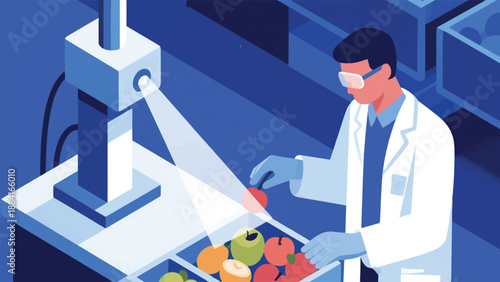 Illustration Of Prism Machine Multiplies Light Into Small Triangular Shapes, Geometric Technician Checks The Quality Of The Light Beam Vector Design Template