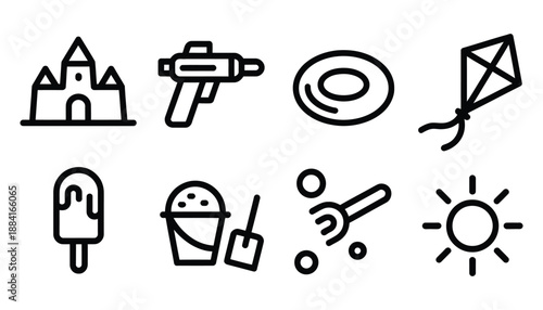 Summer Beach Fun 8 Line Icons Set On White Background Keywords: summer, beach, fun, icon, set